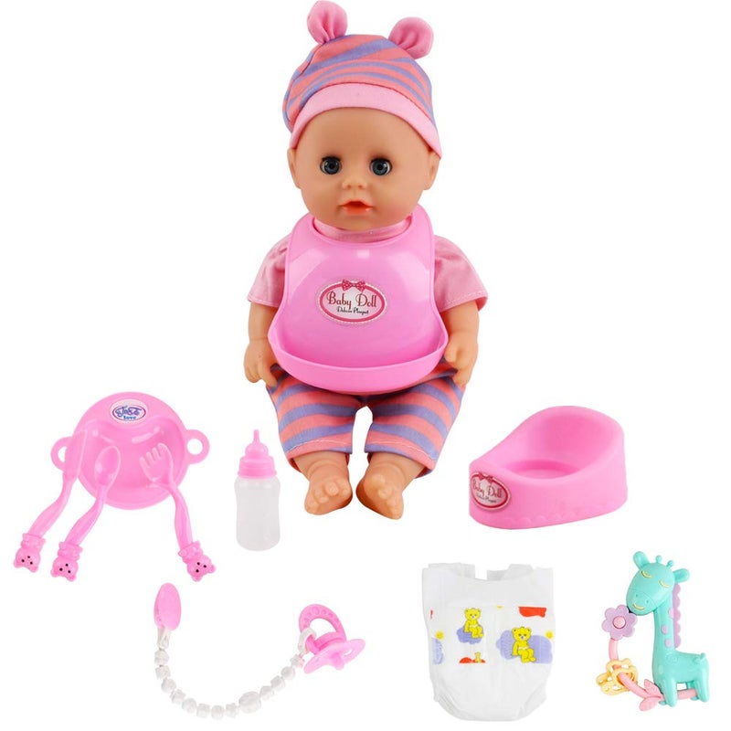 deAO Baby Doll Set with Crib Bed High Chair Stroller Baby Doll Accessories 20 Pieces Play Set Birthday for Girls Boys Kids - Image 4